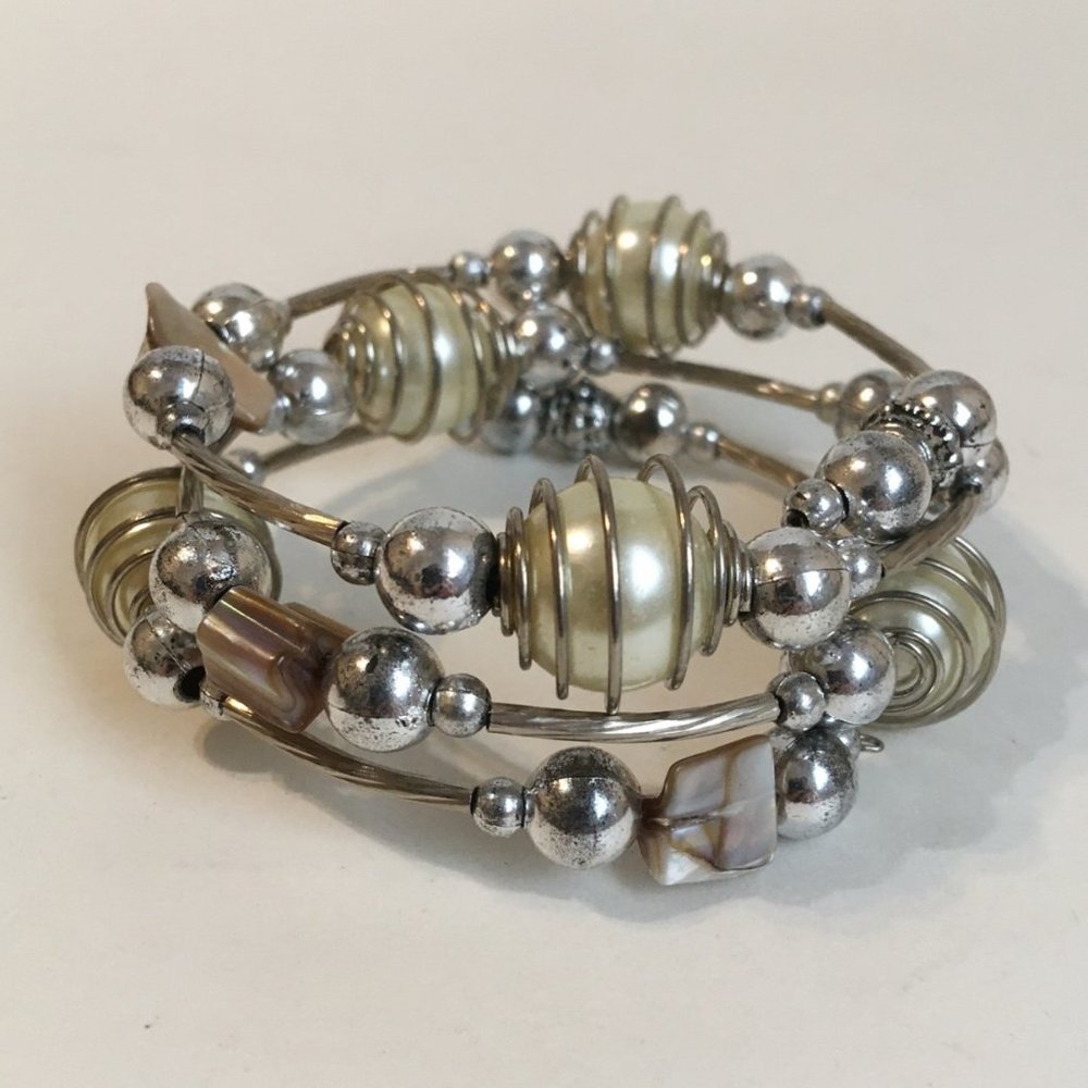 Beaded Coil Bracelet Wire Wrap Multi Layer Faux Pearl Shell Silver Tone Metal